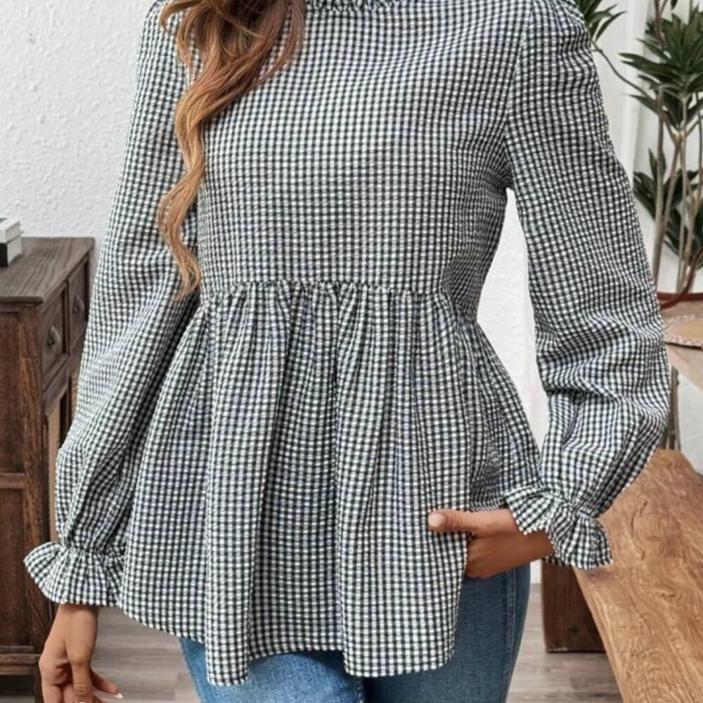 Shein Plus High Neckline Gingham Long-Sleeve Blouse